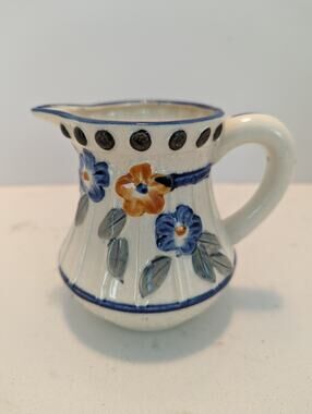 Vintage Japanese Pitcher Ceramic Creamer Hand painted Blue White Floral